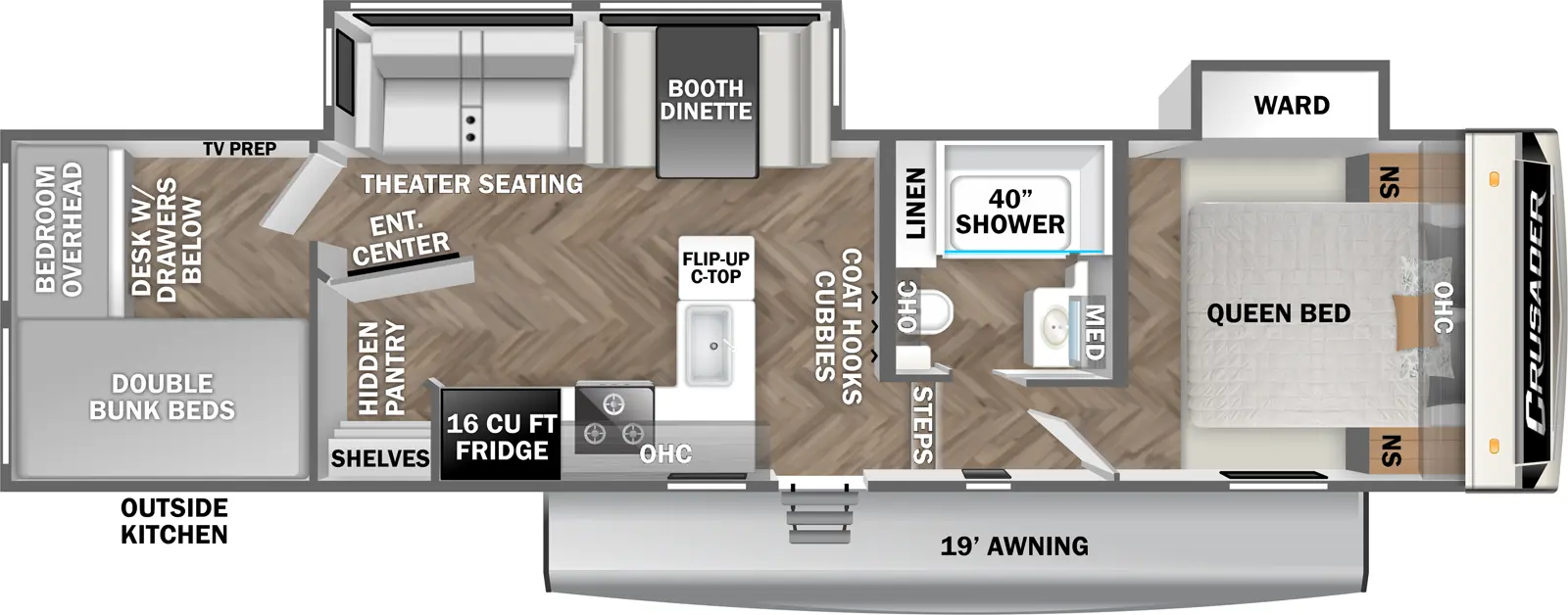 The 295BHS has two slideouts  and one entry. Exterior features a 19 foot awning and outside kitchen. Interior layout front to back: foot-facing queen bed with overhead cabinet and night stands on each side, and an off-door side wardrobe slideout; off-door side full bathroom with medicine cabinet and linen closet; steps down to main living area and entry; coat hooks and cubbies along inner wall; off-door side slideout with booth dinette and theater seating; peninsula kitchen counter with countertop extension and sink wraps to door side with cooktop, refrigerator, and angled entertainment center with hidden pantry and shelves behind; rear bunk room with door side double bunk beds, and rear desk with drawers below and bed above, and off-door side TV prep.